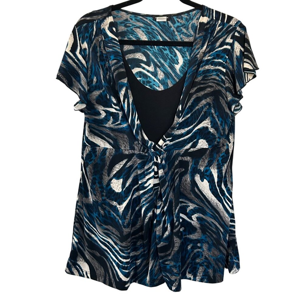 Perception Women Black & Blue Abstract Print Short-Sleeve Tie-Front Tunic Top 1X